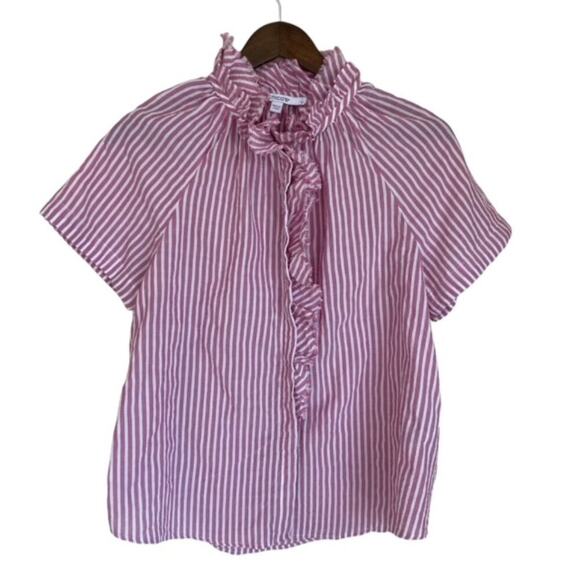 Chico's Tops - Chico's Muted Red and White Striped Button Down with Raw Edge Ruffle Collar